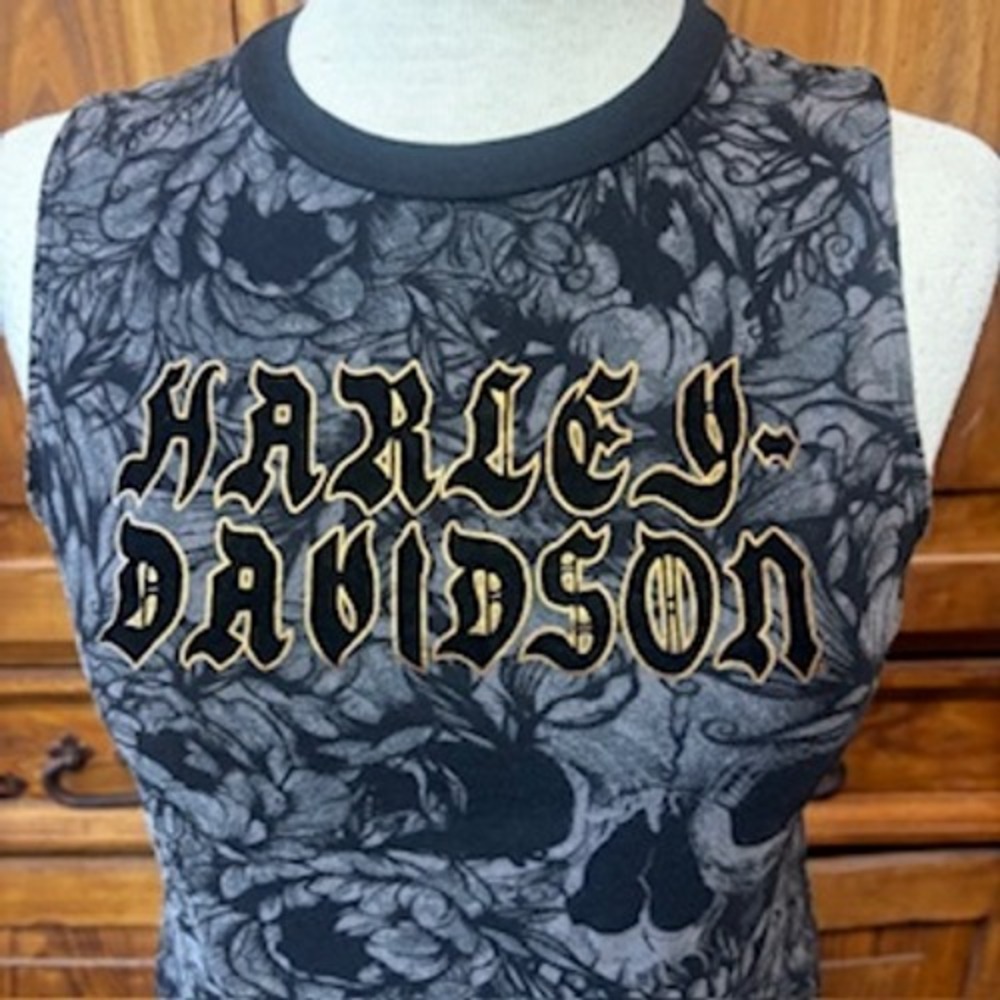 Harley-Davidson Skull Floral Muscle Tank Black Grey Sleeveless Moto Top Size M - Picture 3 of 6